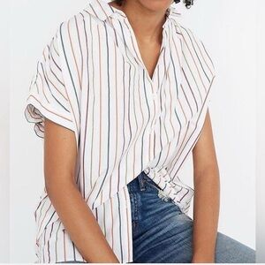 Madewell Womens Blouse Size XS White Striped Button Up Short Sleeve 100% Cotton